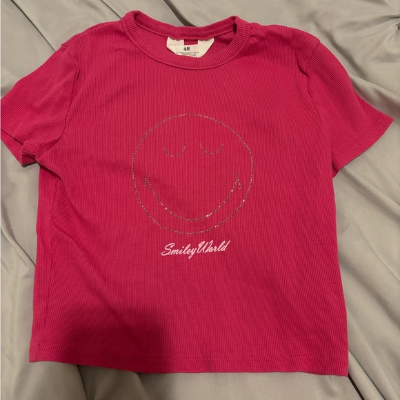 H&M Smiley World Pink Ribbed Rhinestone Smiley Face Girls Size 16 - Picture 1 of 4